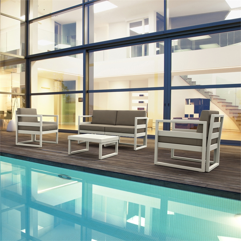 Mykonos 4 Person White Lounge Set with Acrylic Fabric Taupe Cushions