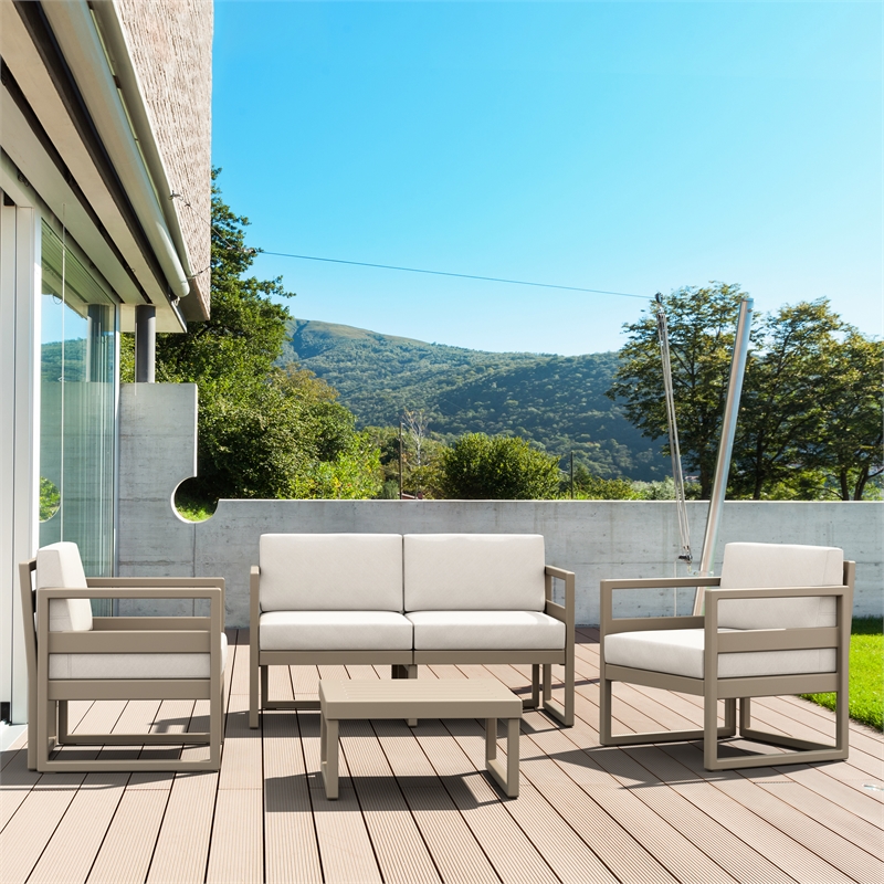Mykonos 4 Person Taupe Lounge Set with Acrylic Fabric Natural Cushions