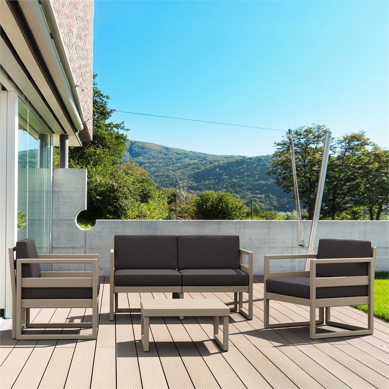 Mykonos 4 Person Taupe Lounge Set with Acrylic Fabric Charcoal Cushions