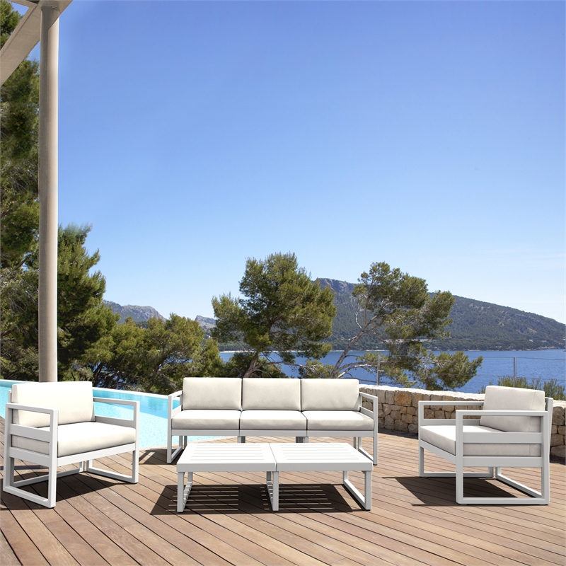 Mykonos 5 Person Lounge Set in White with Acrylic Fabric Natural Cushions