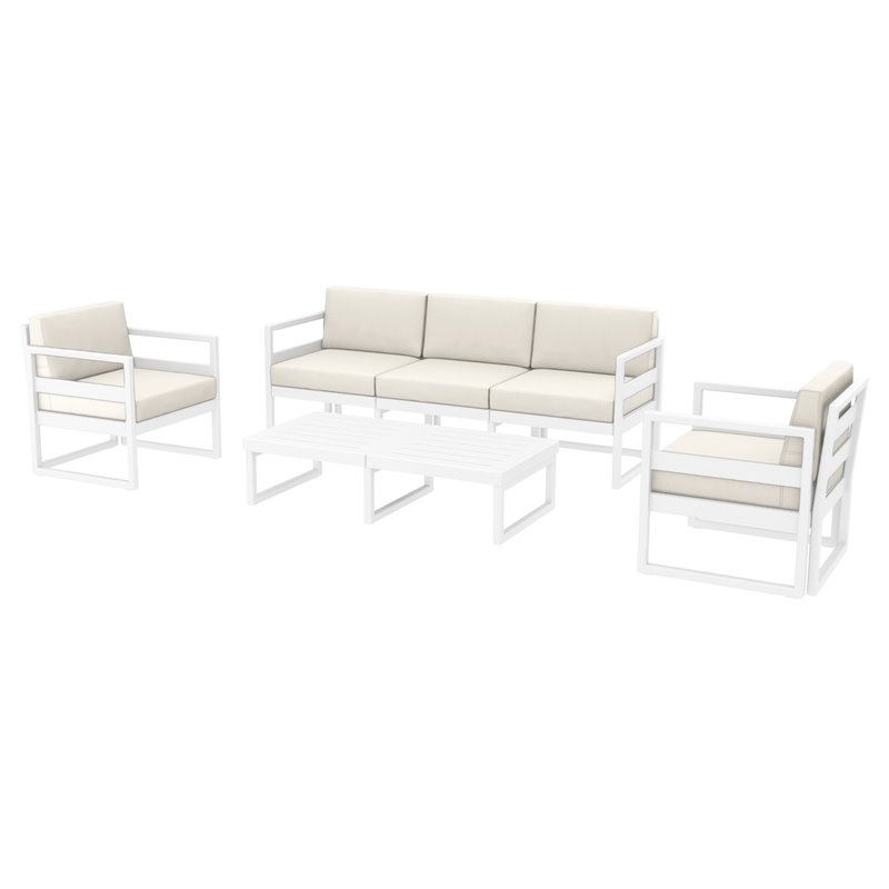 Mykonos 5 Person Lounge Set In White, Acrylic Fabric Outdoor Furniture