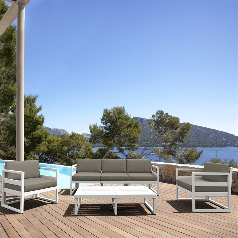 Mykonos 5 Person Lounge Set in White with Acrylic Fabric Taupe Cushions