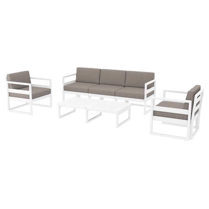 Mykonos 5 Person Lounge Set in White with Acrylic Fabric Taupe Cushions