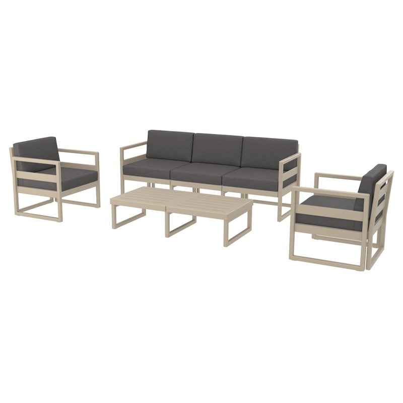 Mykonos 5 Person Lounge Set Taupe with Acrylic Fabric Charcoal Cushions