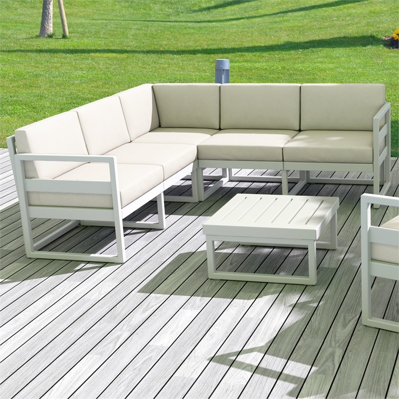 Mykonos Corner Sectional Lounge Set in White with Fabric Natural Cushions