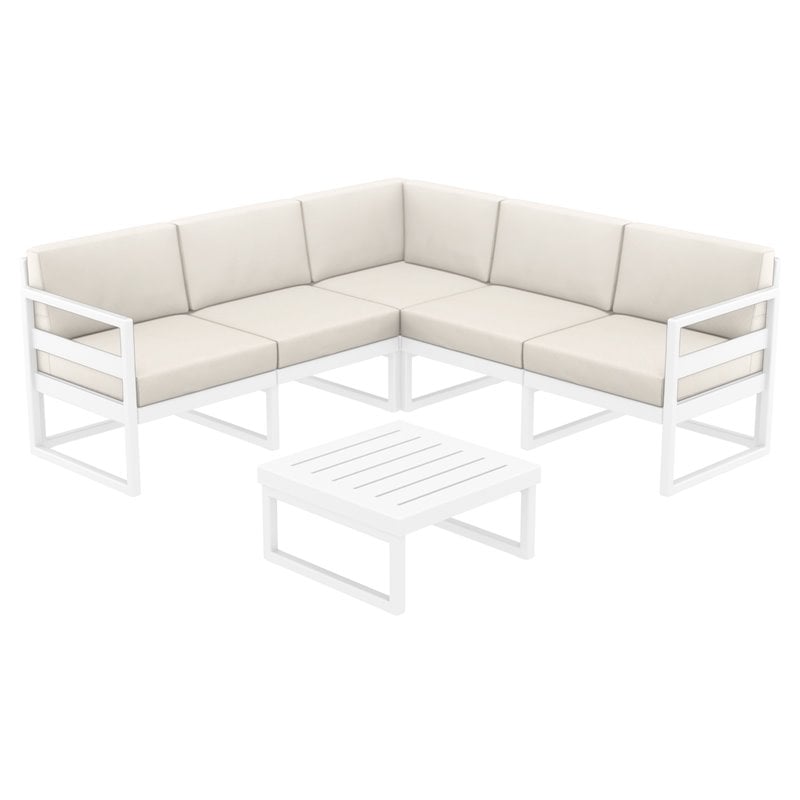 Mykonos Corner Sectional Lounge Set in White with Fabric Natural Cushions