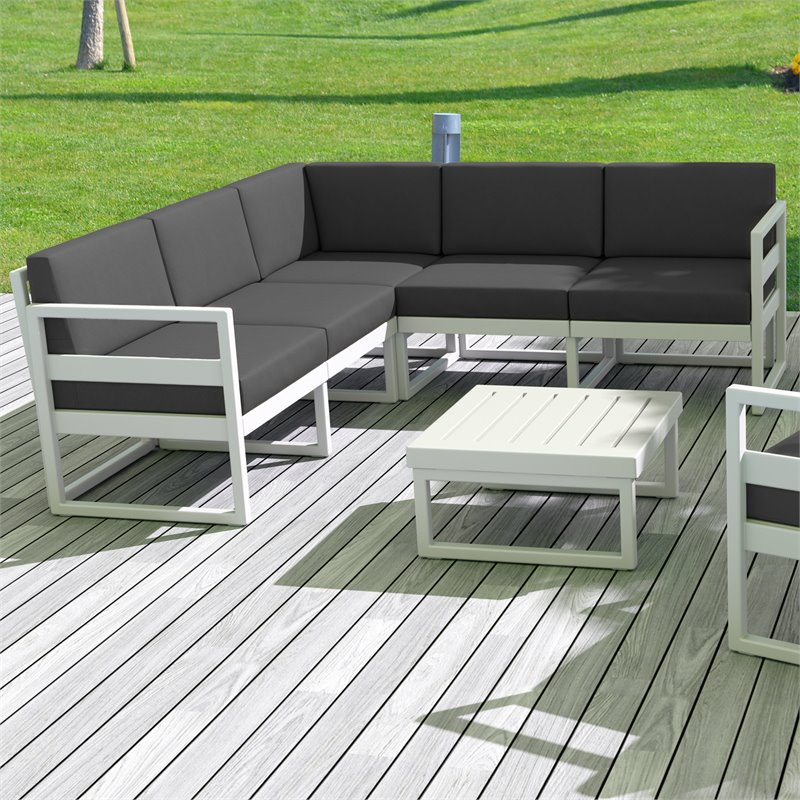 Mykonos Corner Sectional Lounge Set White with Acrylic Fabric Charcoal Cushions