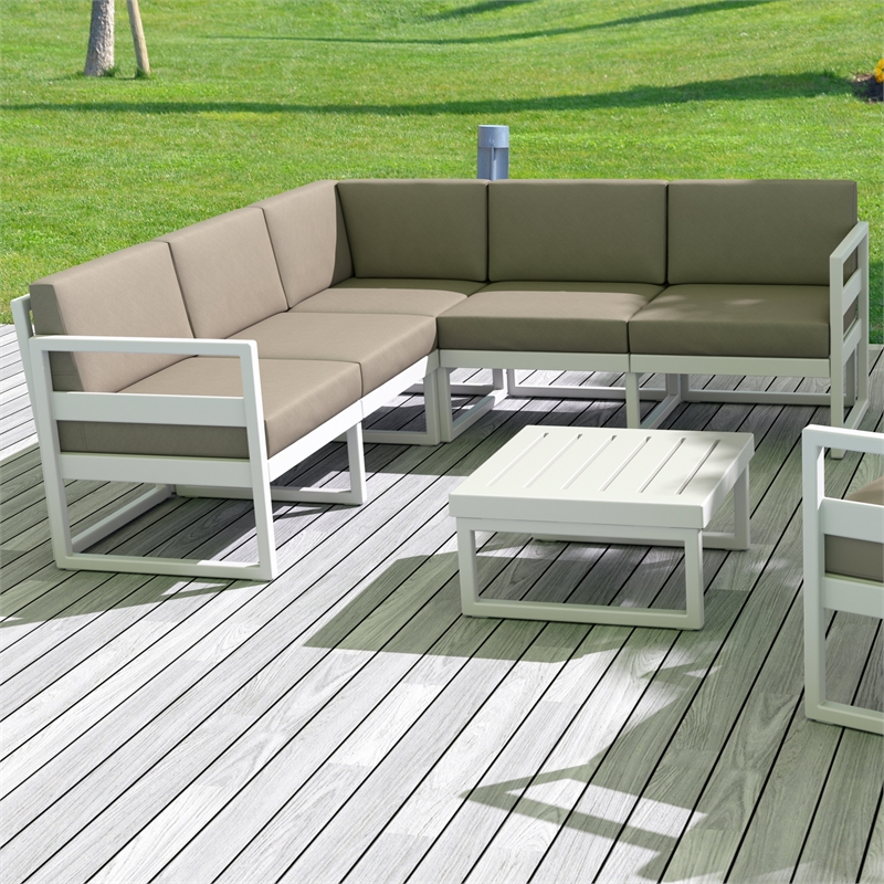 Mykonos Corner Sectional Lounge Set in White with Acrylic Fabric Taupe Cushions