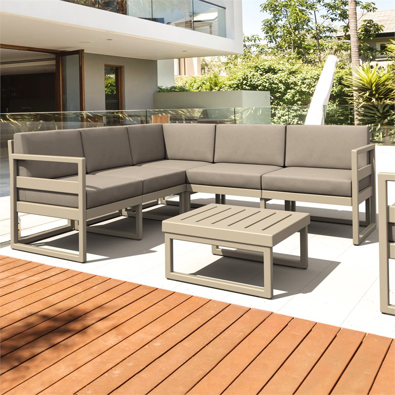 Mykonos Corner Sectional Lounge Set in Taupe with Acrylic Fabric Taupe Cushions