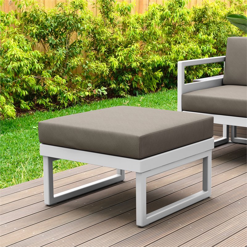 Compamia Mykonos Ottoman in White with Acrylic Fabric Taupe Cushion