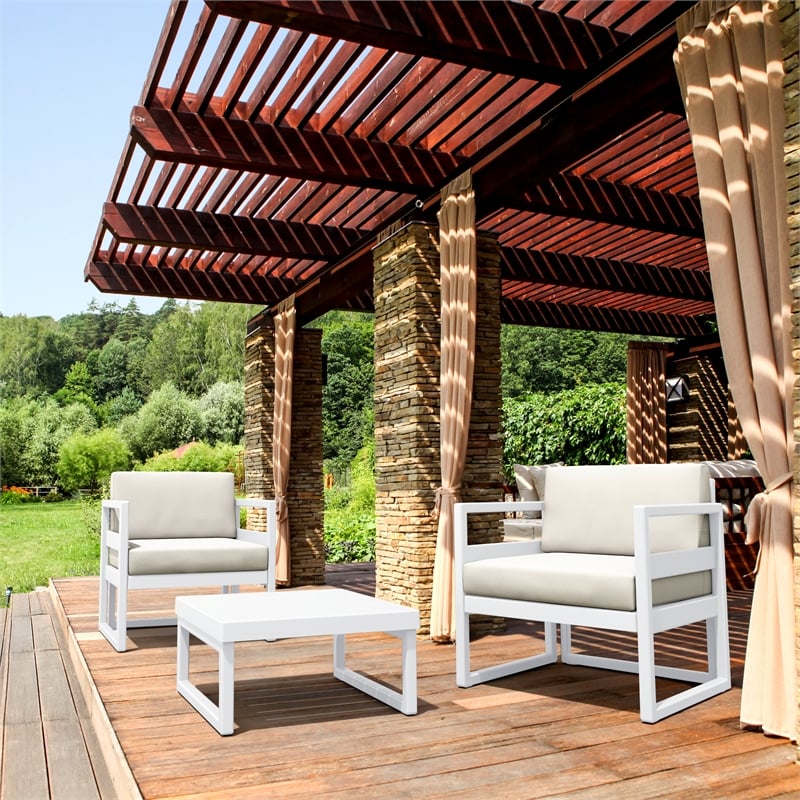 Compamia Mykonos Club 3 Piece Patio Set White with Natural Cushion