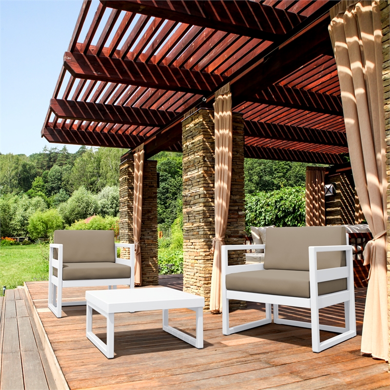 Mykonos Club Patio Set 3 piece White with Acrylic Fabric Taupe Cushion