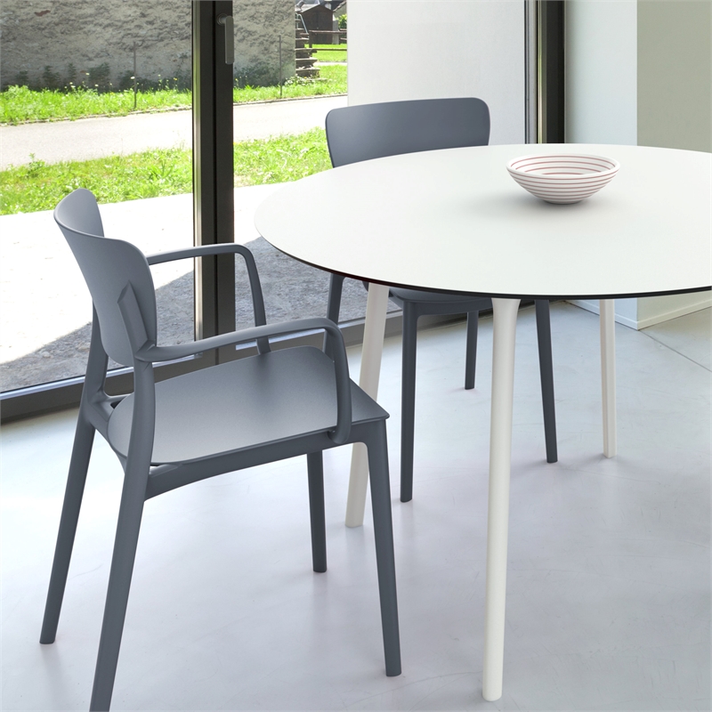 Compamia Lisa Round Dining Set with 47 inch White Table and Dark Gray Armcairs
