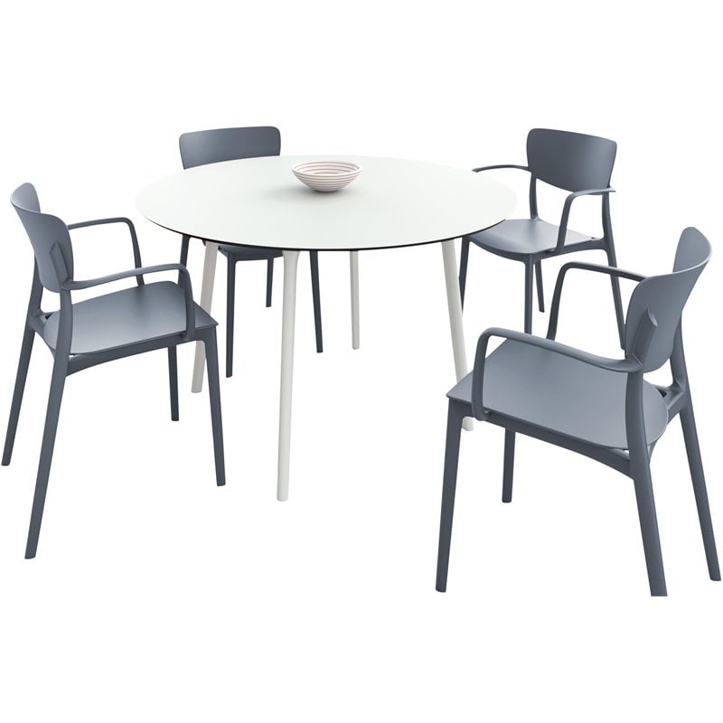 Compamia Lisa Round Dining Set with 47 inch White Table and Dark Gray Armcairs