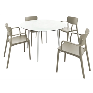 lisa round dining set with 47 inch white table and taupe armcairs