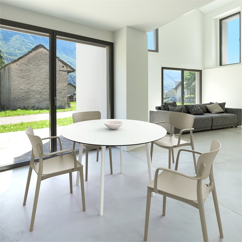 Lisa Round Dining Set with 47 inch White Table and Taupe Armcairs