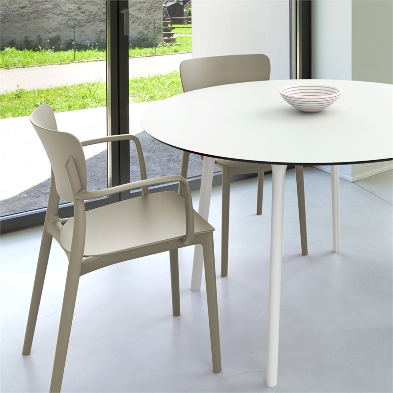 Lisa Round Dining Set with 47 inch White Table and Taupe Armcairs