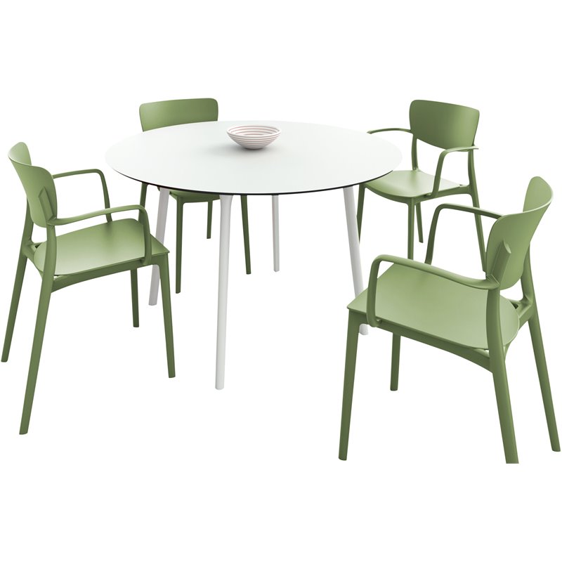 Lisa Round Dining Set with 47 inch White Table and Olive Green Armcairs