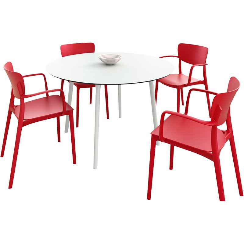 Compamia Lisa Round Dining Set with 47 inch White Table and Red Armcairs