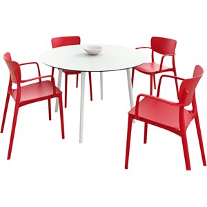 compamia lisa round dining set with 47 inch white table and red armcairs