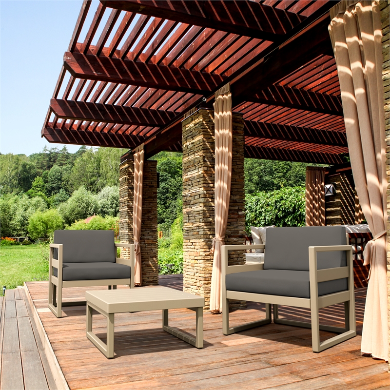 Mykonos 3 Piece Club Patio Set in Taupe with Acrylic Fabric Charcoal Cushion