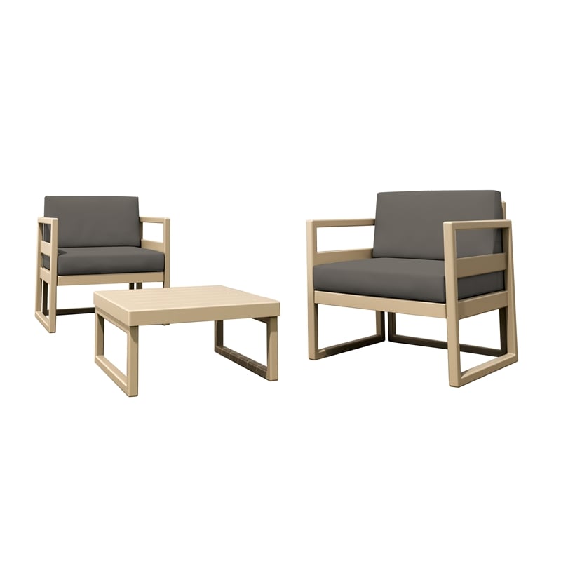 Mykonos 3 Piece Club Patio Set in Taupe with Acrylic Fabric Charcoal Cushion