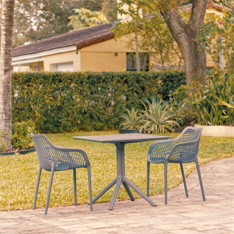 Compamia Air XL 31 inch Square Dining Table Set with 2 Arm Chairs Dark Gray