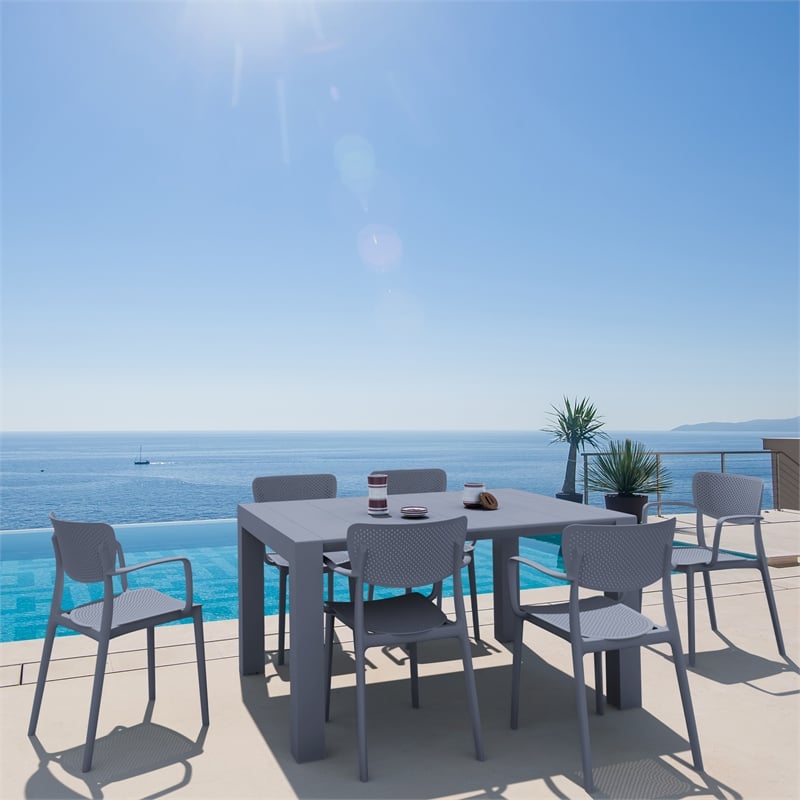 Loft Outdoor Dining Set with 6 Arm Chairs and 55 inch Extension Table Dark Gray
