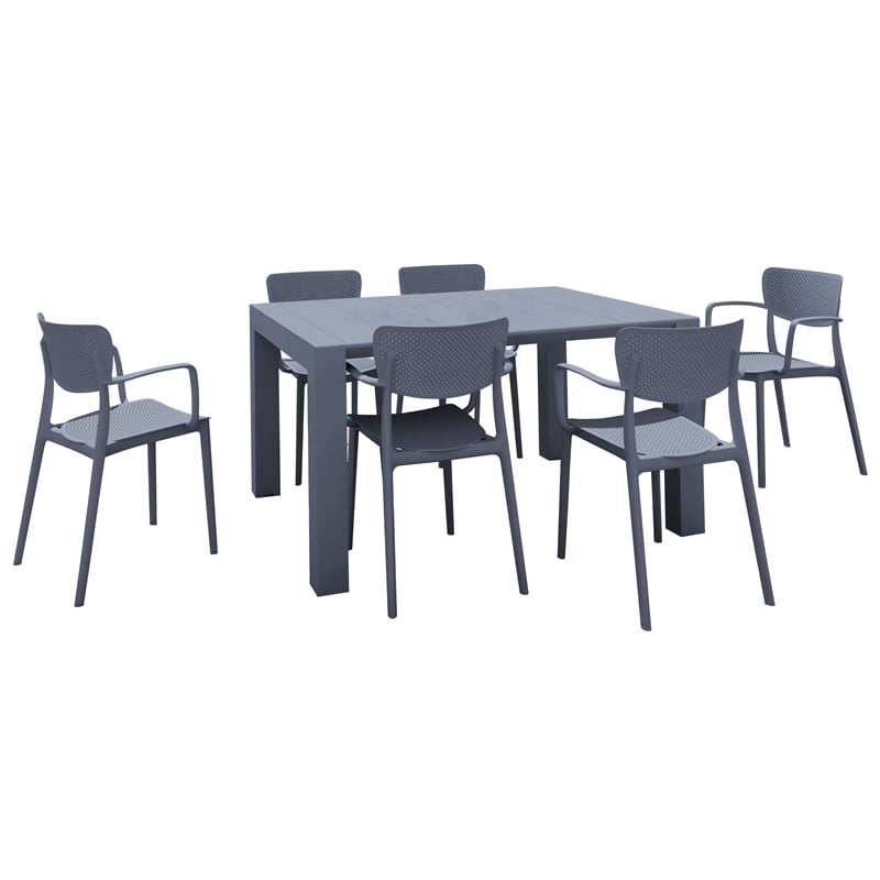 Loft Outdoor Dining Set with 6 Arm Chairs and 55 inch Extension Table Dark Gray