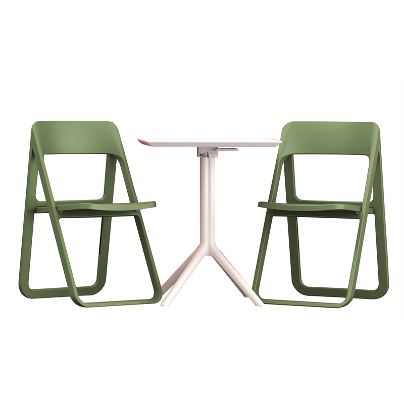 Dream Folding Outdoor Bistro Set with White Table and 2 Olive Green Chairs