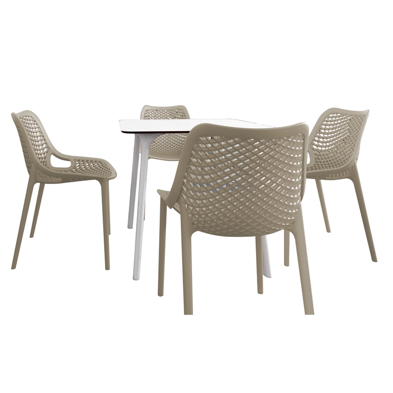 Compamia Air Maya Square Dining Set with White Table and 4 Taupe Chairs