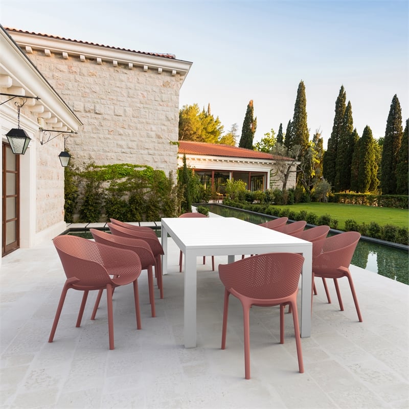 Compamia Sky Pro 11-Piece Polypropylene Resin Dining Set in White/Marsala