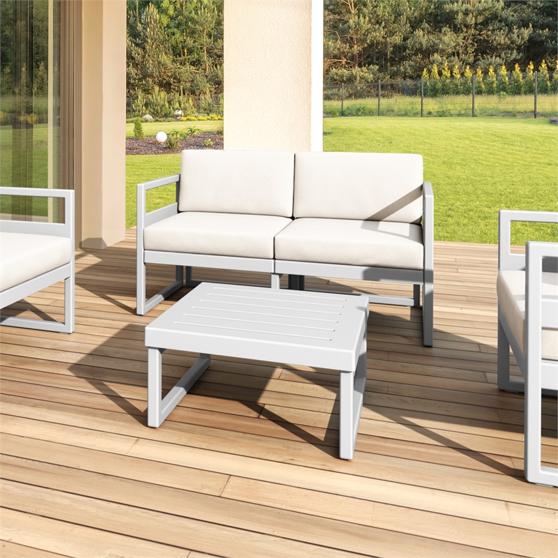 Compamia Mykonos Patio Loveseat in Silver finish with Natural Cushions