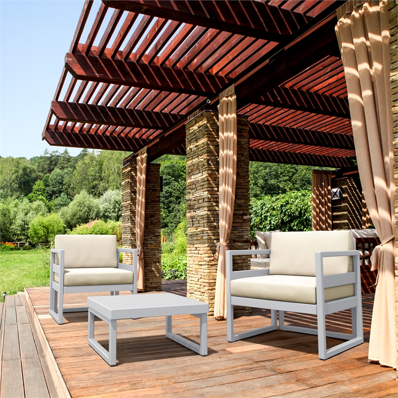 Compamia Mykonos 3 piece Club Seating Set in Silver finish with Natural Cushions