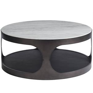 nina magon magritte coffee table with white stone top and faux leather shelf