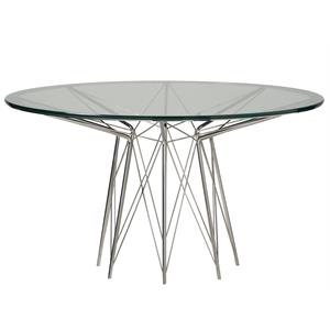 universal furniture axel metal round dining table with glass top in silver