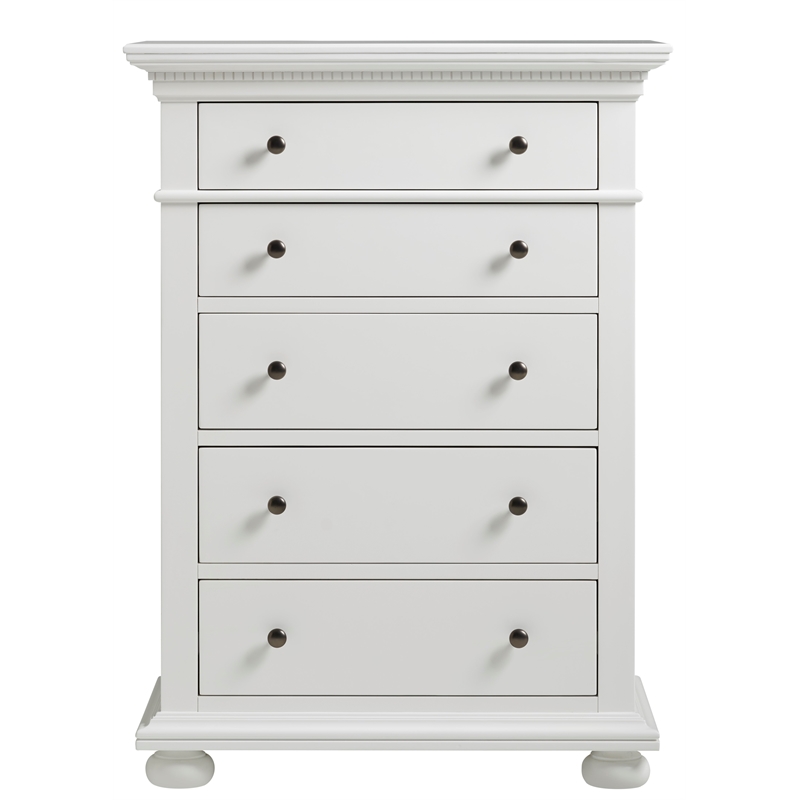 Five Drawer Wood Tall Bedroom Chest in White U099H130