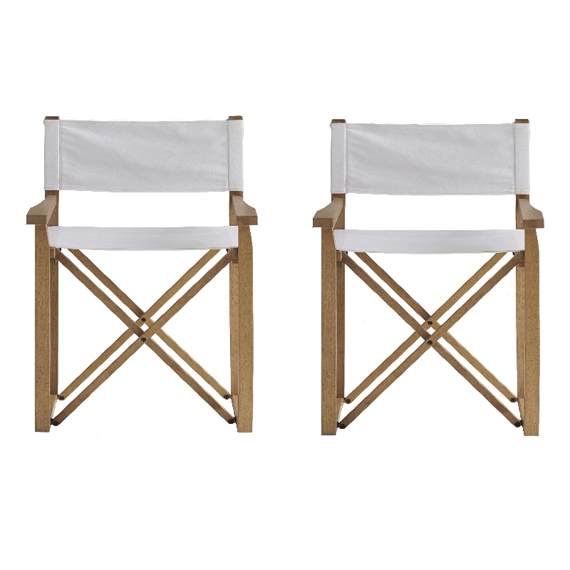 Set of 2 Tan Solid Wood Universal Director's Arm Chair in White Stretch Canvas