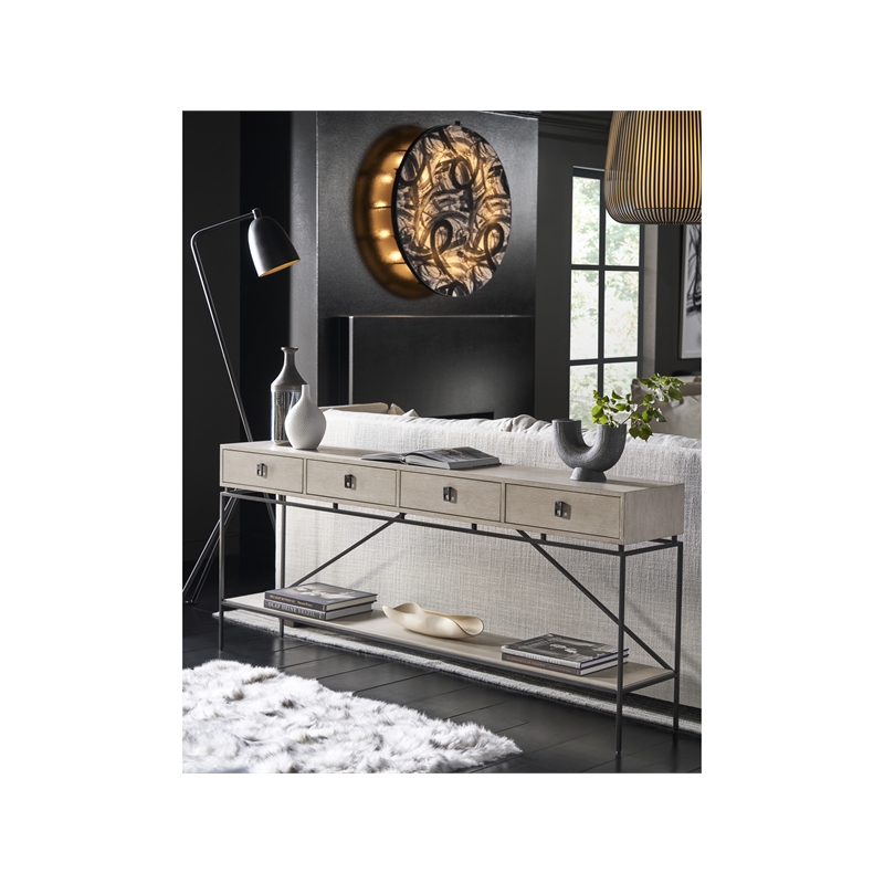 Universal Coalesce 80 Inch Barber Long Console in Gray Oak Wood with Metal Base