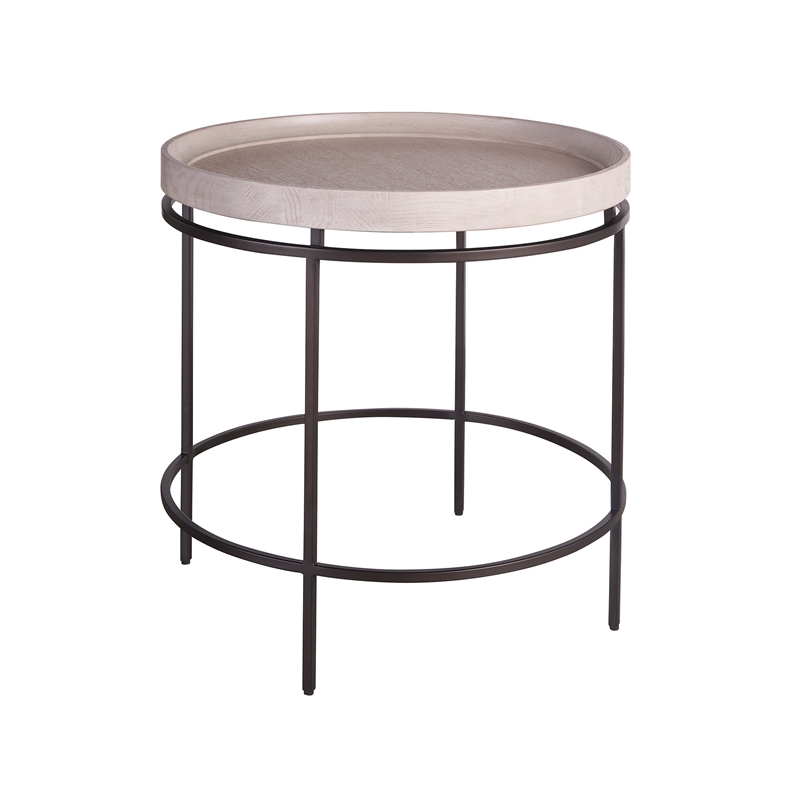 Universal Coalesce Round Accent Table in Gray Oak Wood with Black Metal Base