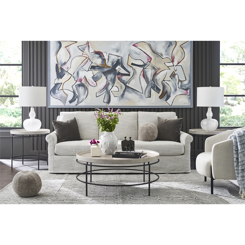 Universal Coalesce Round Accent Table in Gray Oak Wood with Black Metal Base