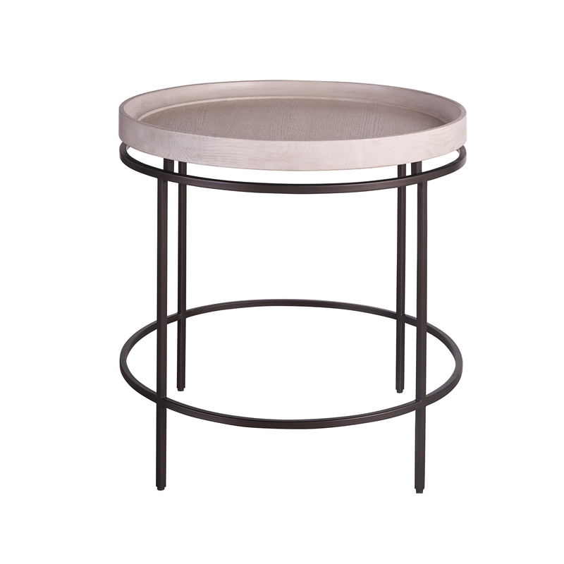 Universal Coalesce Round Accent Table in Gray Oak Wood with Black Metal Base