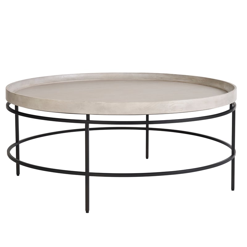 Universal Coalesce Round Tray Top Cocktail Table - Gray Oak Wood with Black Base