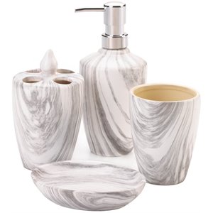 zingz & thingz 3 piece marble printed ceramic bath accessory in white and gray