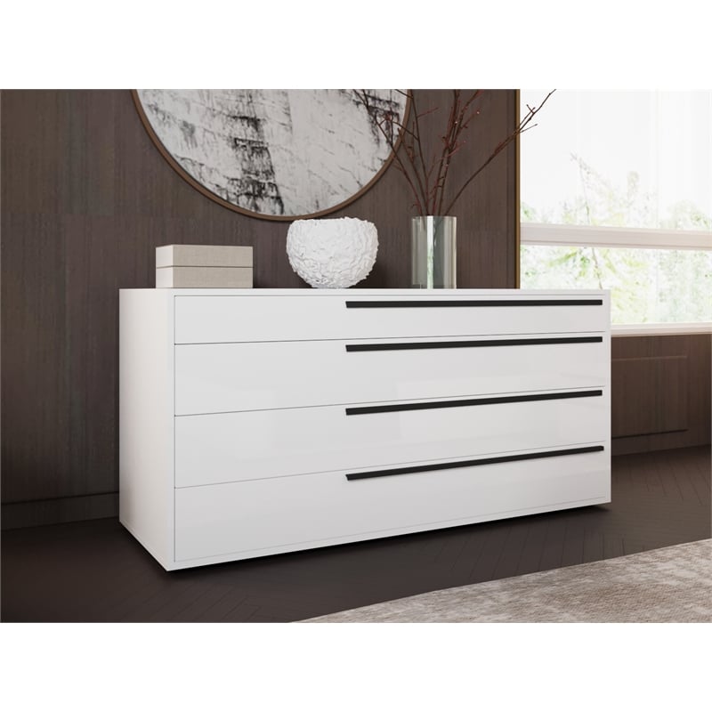 Casabianca Furniture Carter Wood Dresser in White High Gloss with Black Handles