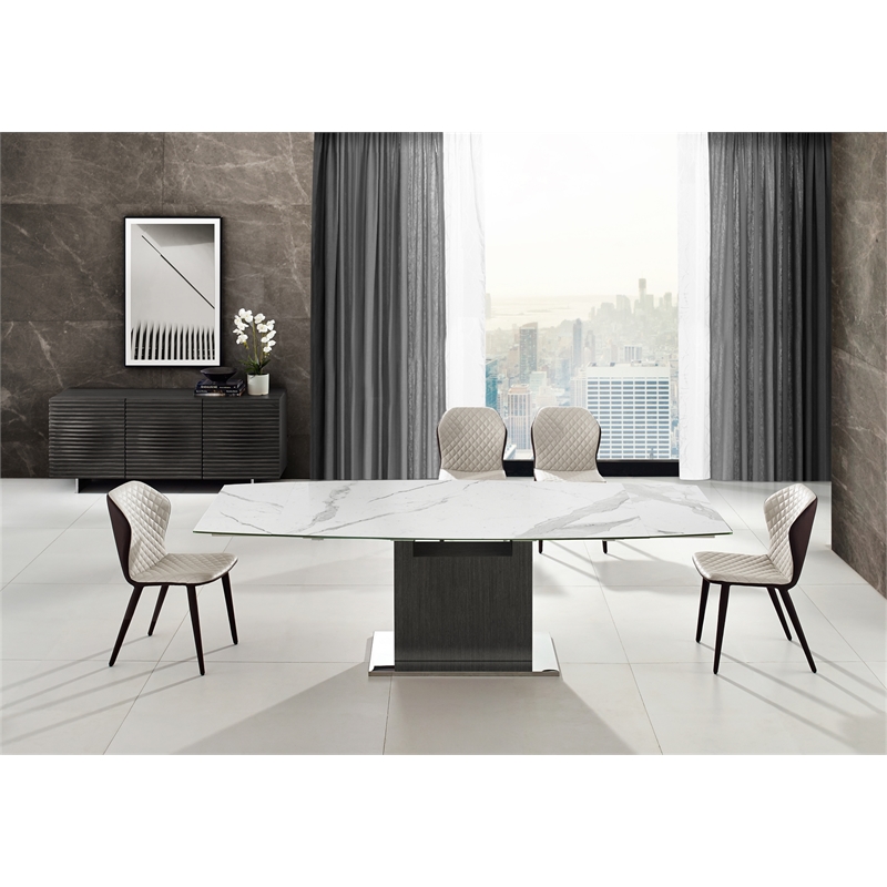 Casabianca Olivia Manual Dining Table with Gray Oak Base and White Marbled Top