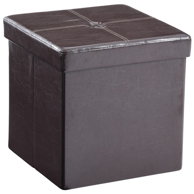 Hodedah Cube Foldable Faux Leather Storage Ottoman In Brown Hodedah Cube Foldable Faux Leather Storage Ottoman In Brown