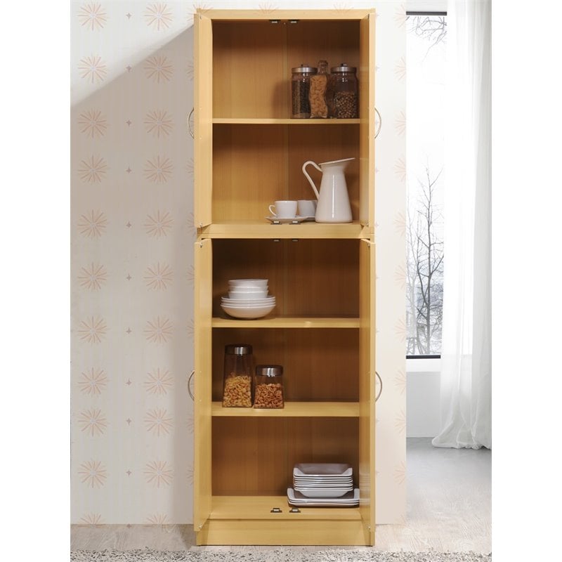 Hodedah 4 Door Kitchen Pantry with 4 Shelves 5 Compartments in Beige Wood