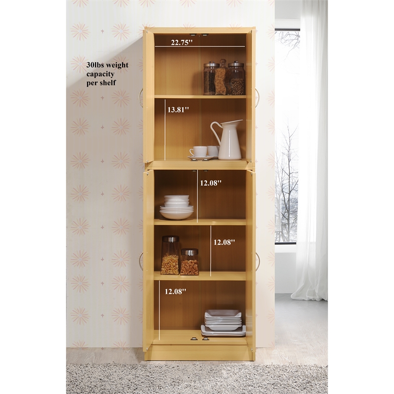 Hodedah 4 Door Kitchen Pantry with 4 Shelves 5 Compartments in Beige Wood