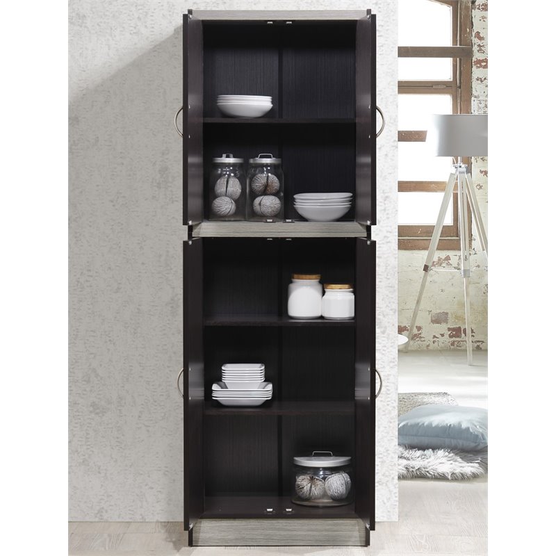 Hodedah 4 Door Kitchen Pantry 4 Shelves 5 Compartments in Chocolate-Grey Wood